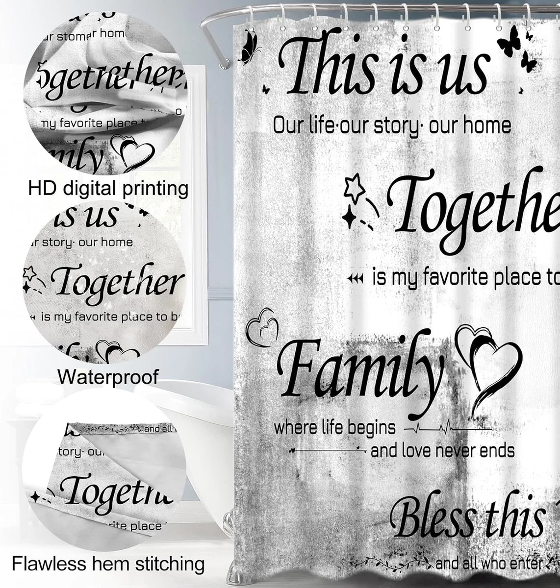 4Pcs Shower Curtain Set with Toilet Lid Cover and Non-Slip Rugs for Bathroom,...