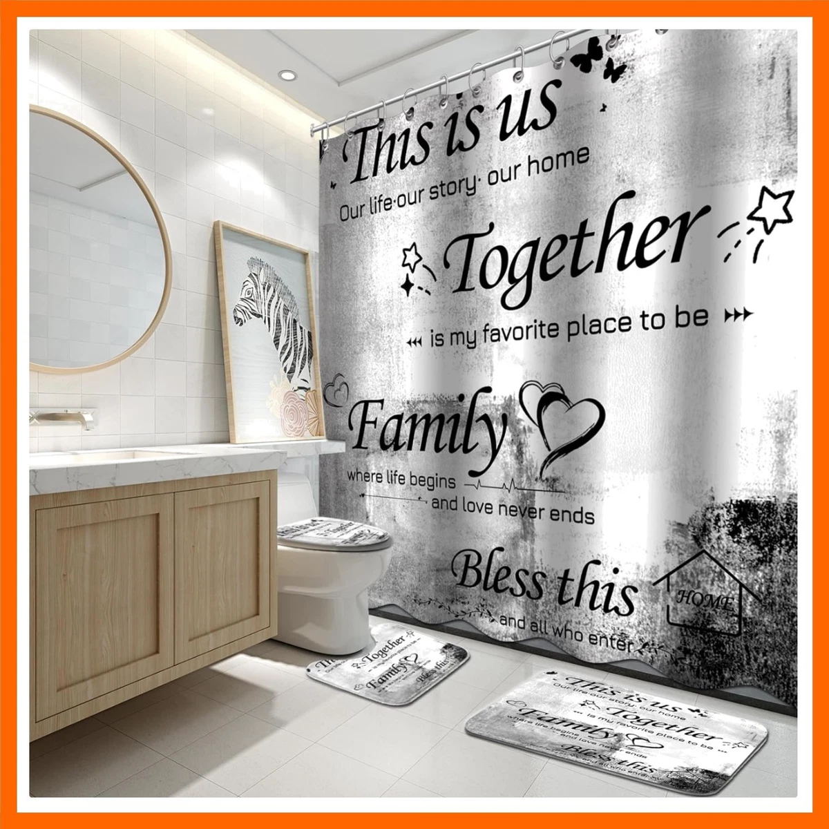 4Pcs Shower Curtain Set with Toilet Lid Cover and Non-Slip Rugs for Bathroom,...