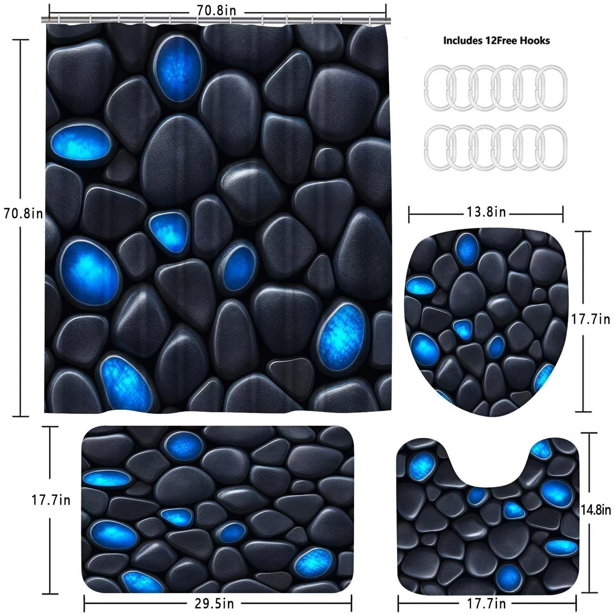 4Pcs Stone Shower Curtain Set with Toilet Lid Cover and Non-Slip Rugs for Bat...