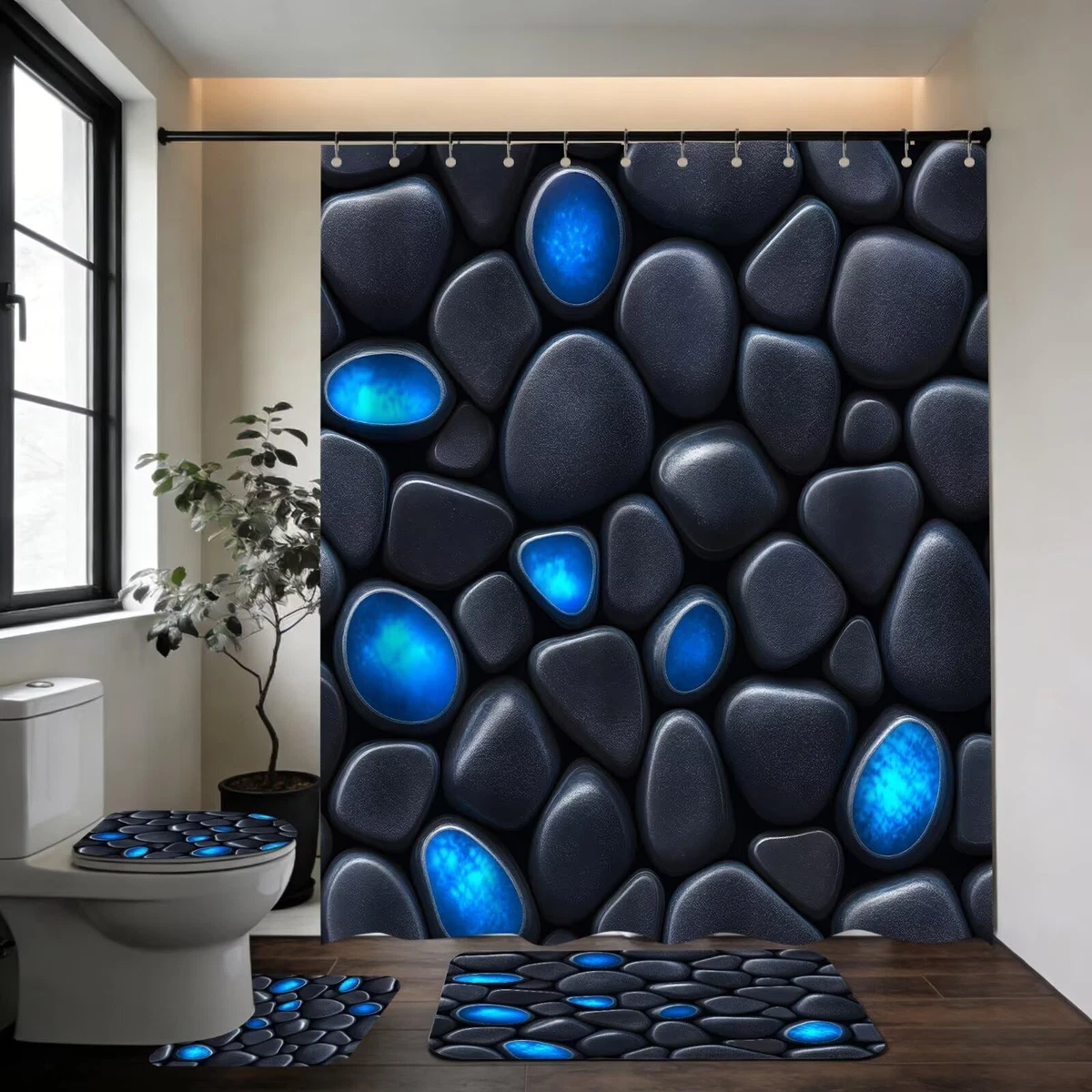 4Pcs Stone Shower Curtain Set with Toilet Lid Cover and Non-Slip Rugs for Bat...