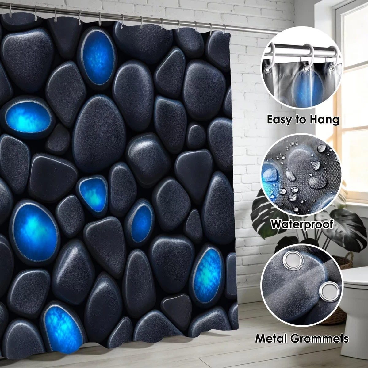 4Pcs Stone Shower Curtain Set with Toilet Lid Cover and Non-Slip Rugs for Bat...