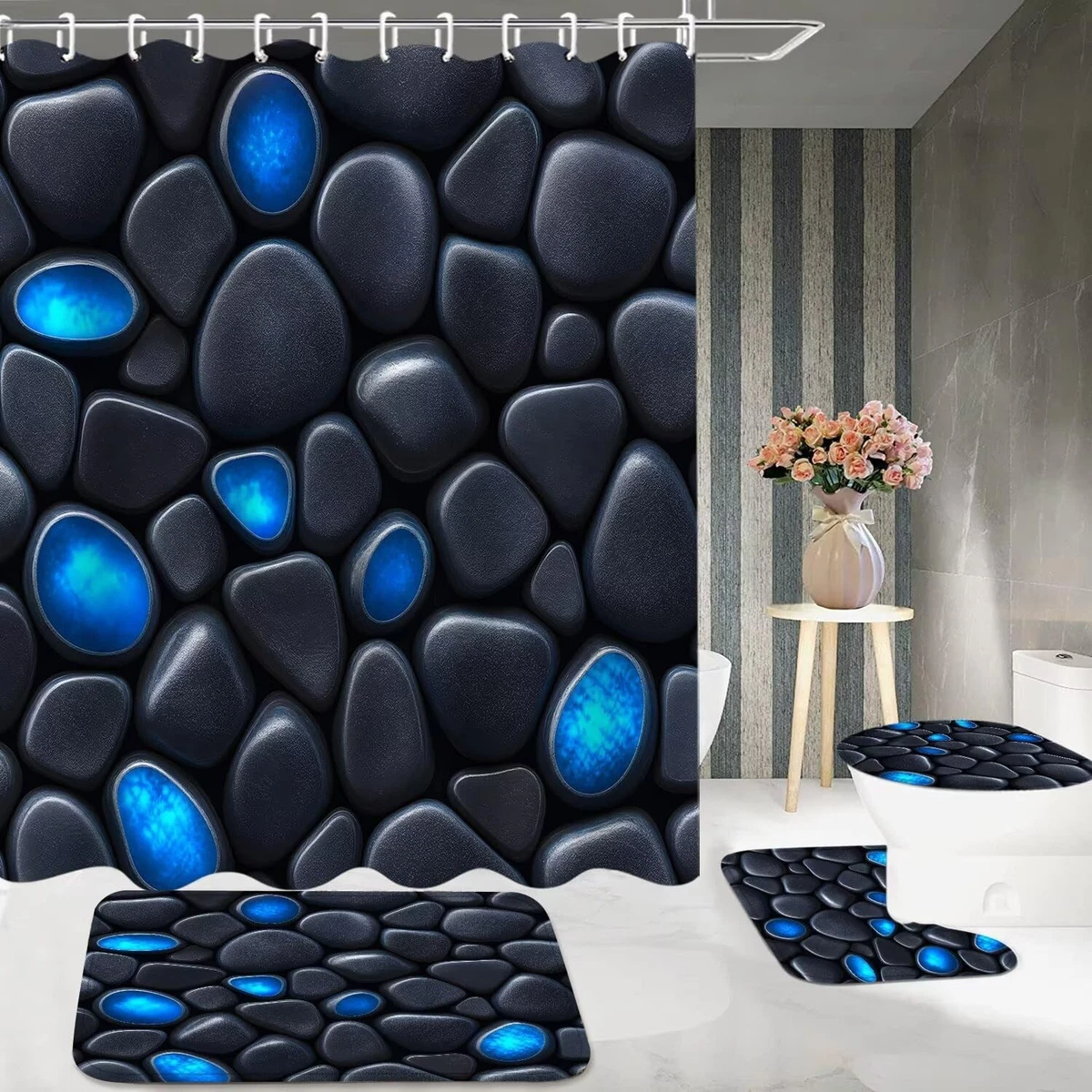 4Pcs Stone Shower Curtain Set with Toilet Lid Cover and Non-Slip Rugs for Bat...