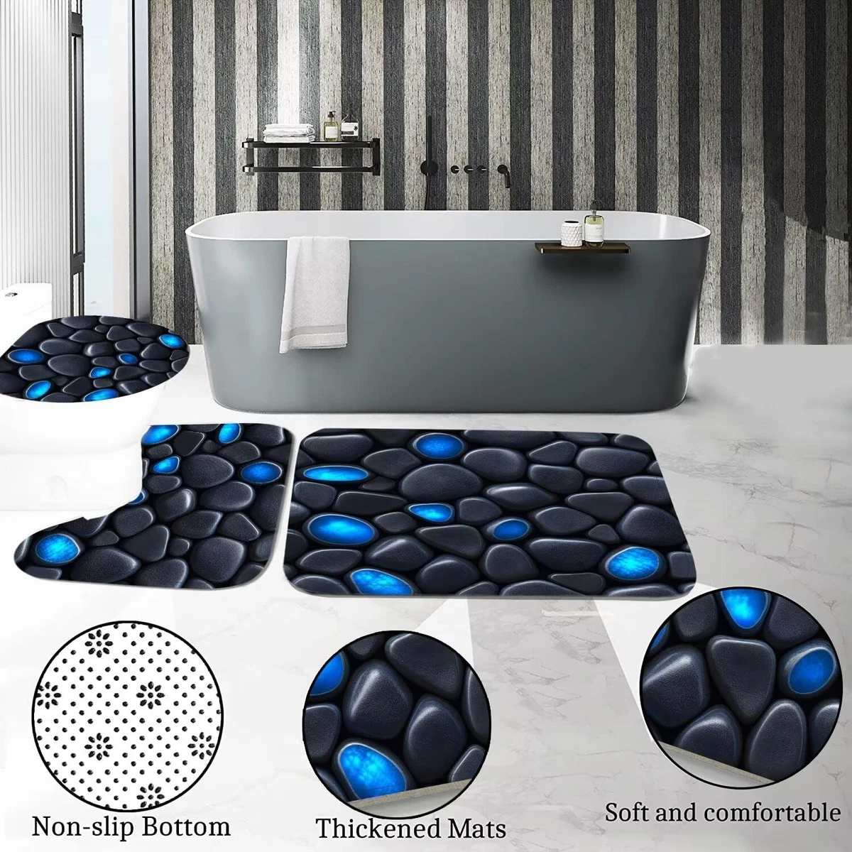 4Pcs Stone Shower Curtain Set with Toilet Lid Cover and Non-Slip Rugs for Bat...
