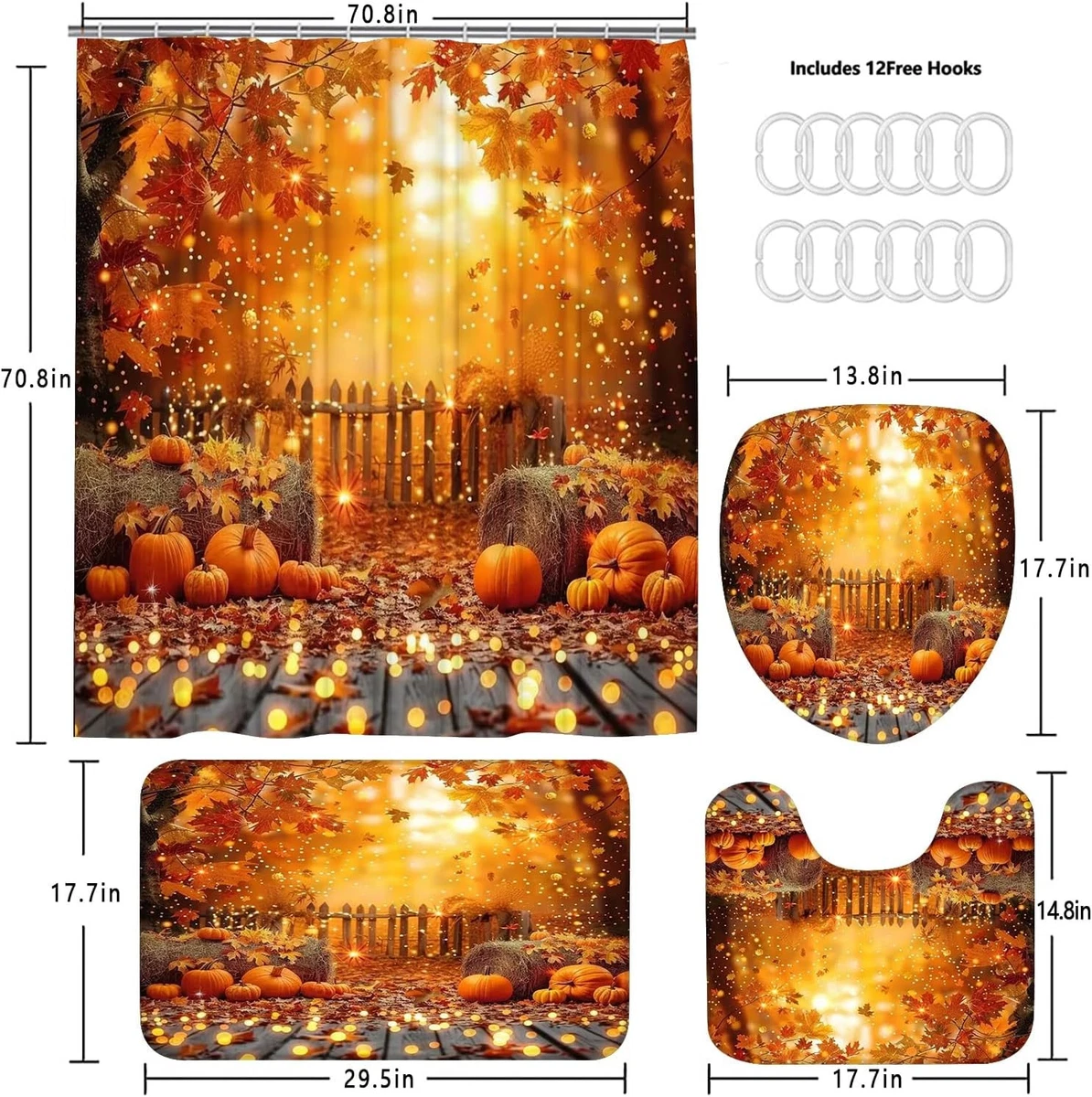4PCS Thanksgiving Shower Curtain Bathroom Sets with Rugs, Toilet Lid Cover an...