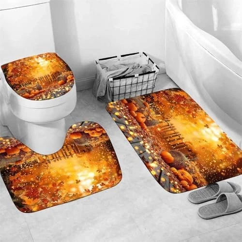 4PCS Thanksgiving Shower Curtain Bathroom Sets with Rugs, Toilet Lid Cover an...