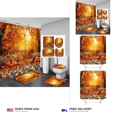 4PCS Thanksgiving Shower Curtain Bathroom Sets with Rugs, Toilet Lid Cover an...