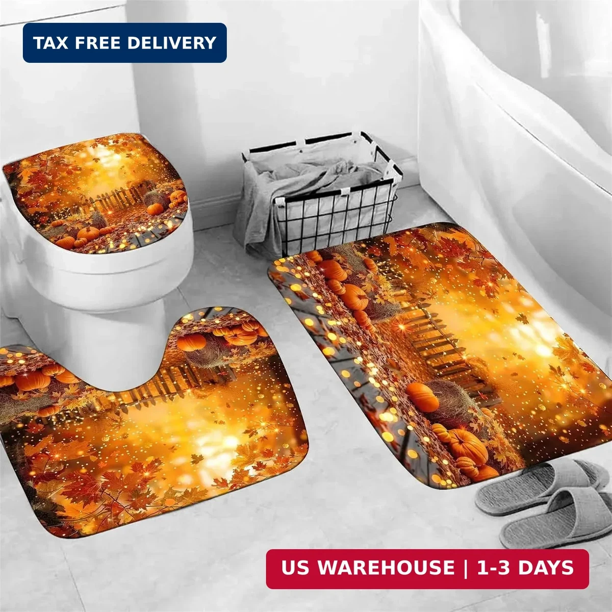 4PCS Thanksgiving Shower Curtain Bathroom Sets with Rugs, Toilet Lid Cover and B