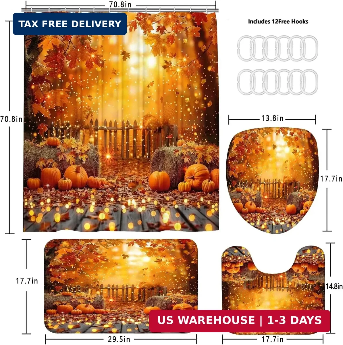 4PCS Thanksgiving Shower Curtain Bathroom Sets with Rugs, Toilet Lid Cover and B