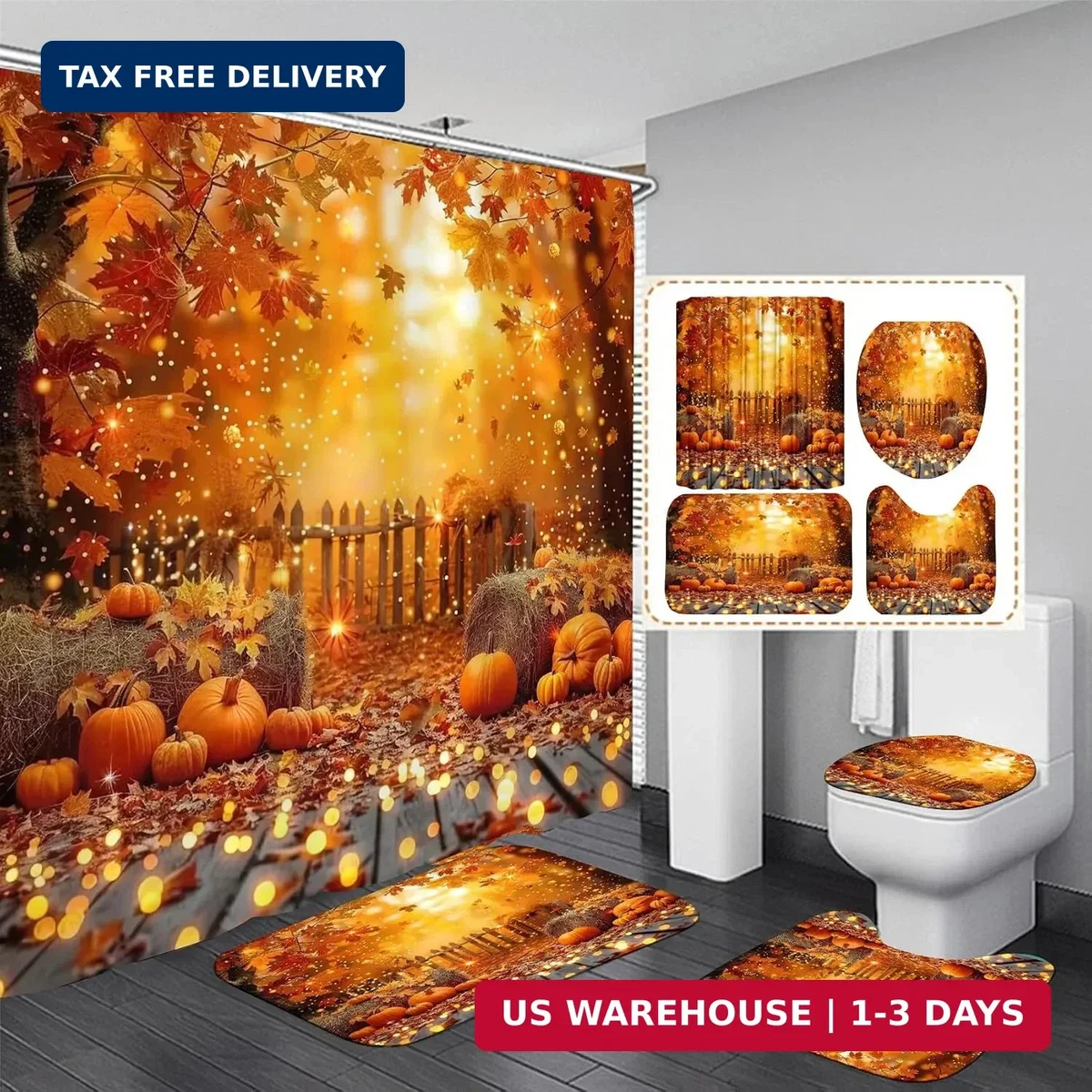 4PCS Thanksgiving Shower Curtain Bathroom Sets with Rugs, Toilet Lid Cover and B
