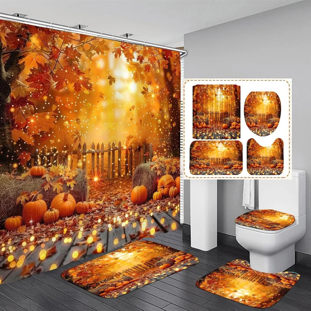 4PCS Thanksgiving Shower Curtain Bathroom Sets with Rugs, Toilet Lid Cover
