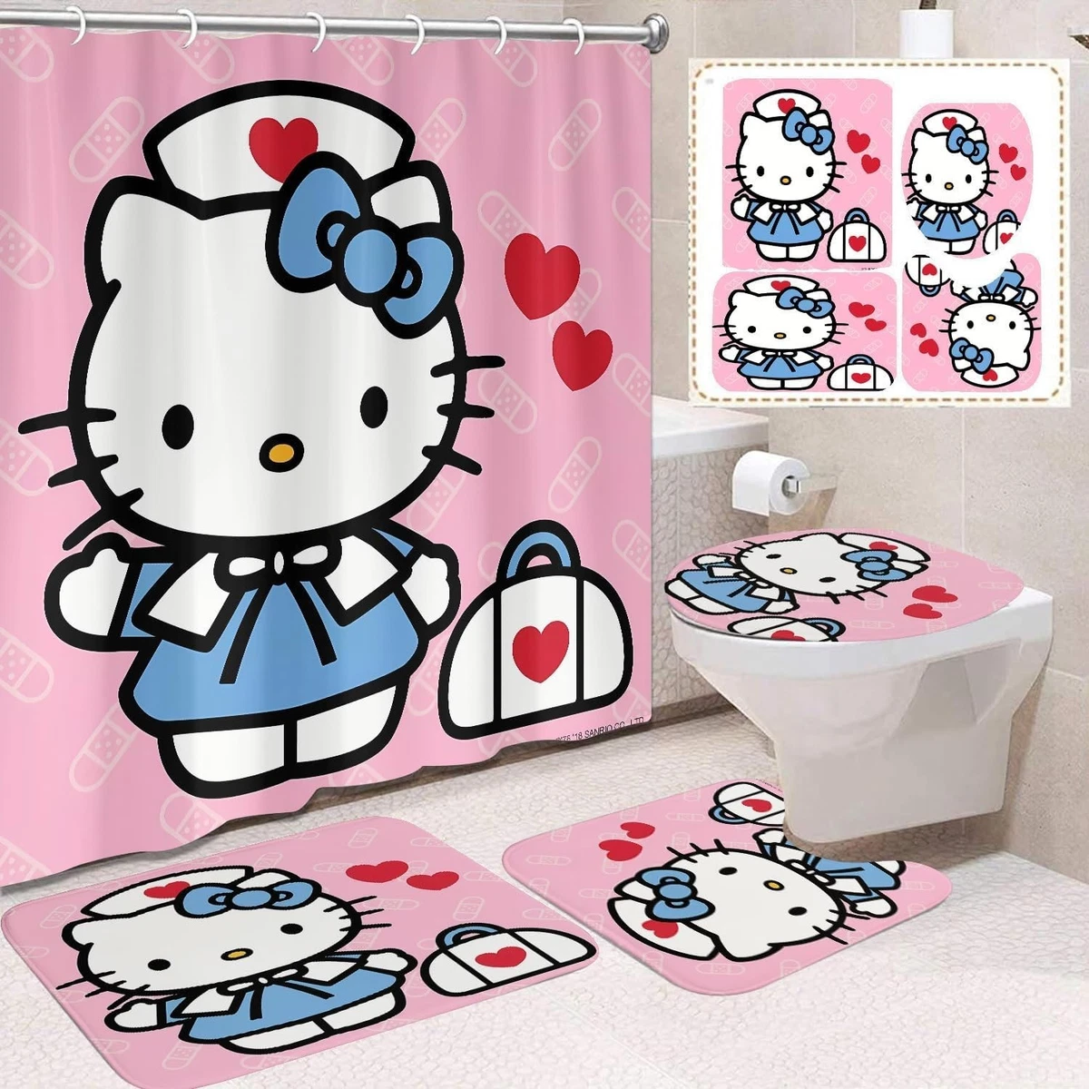 Adorable Kitty Shower Curtain Set 4-Piece - Non-Slip Rugs, Toilet Lid Cover & Ba