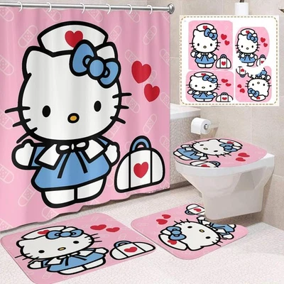 Adorable Kitty Shower Curtain Set 4-Piece - Non-Slip Rugs, Toilet Lid Cover & Ba