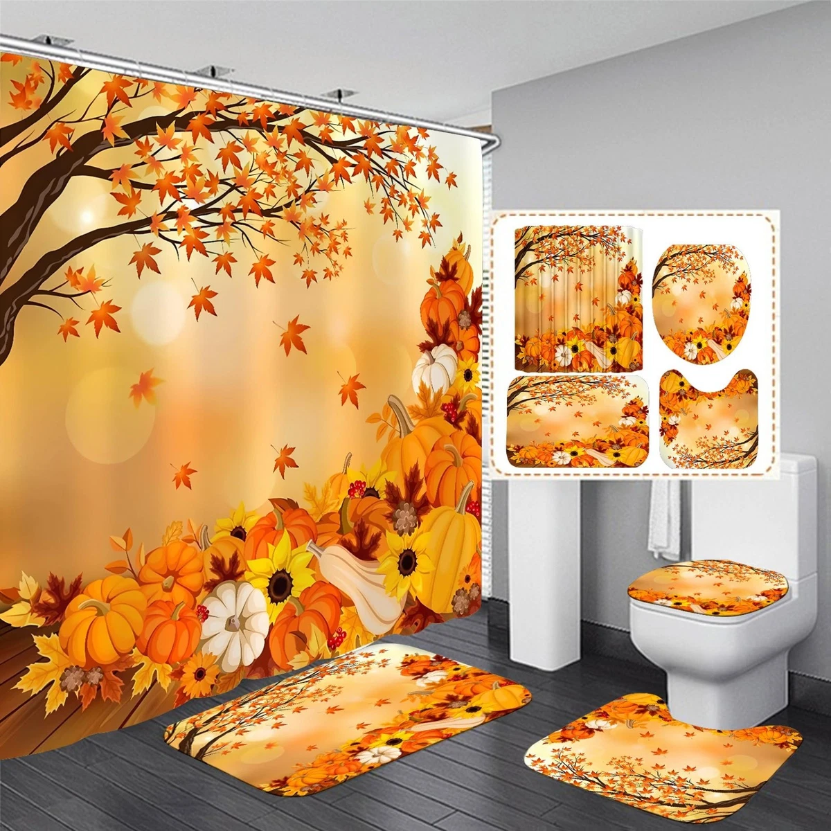 Autumn Pumpkin Shower Curtain Set 4Pcs with Non-Slip Rug & Toilet Lid Cover - Fa