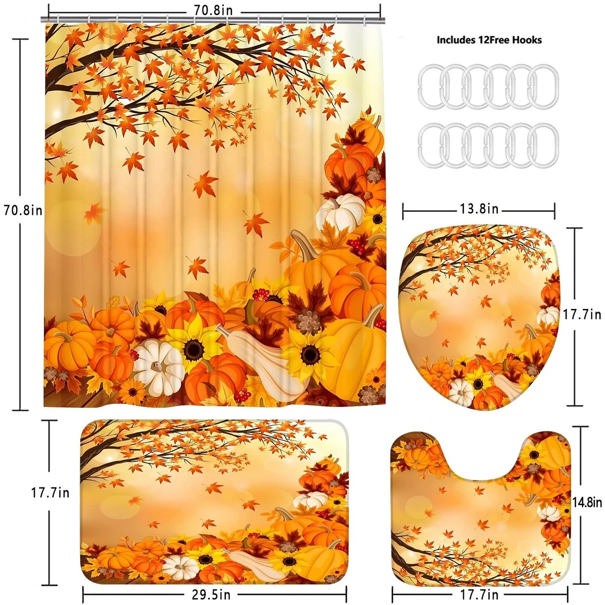 Autumn Pumpkin Shower Curtain Set 4Pcs with Non-Slip Rug & Toilet Lid Cover - Fa
