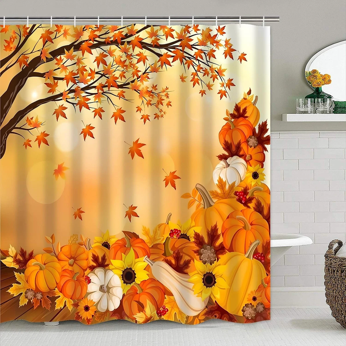 Autumn Pumpkin Shower Curtain Set 4Pcs with Non-Slip Rug & Toilet Lid Cover - Fa