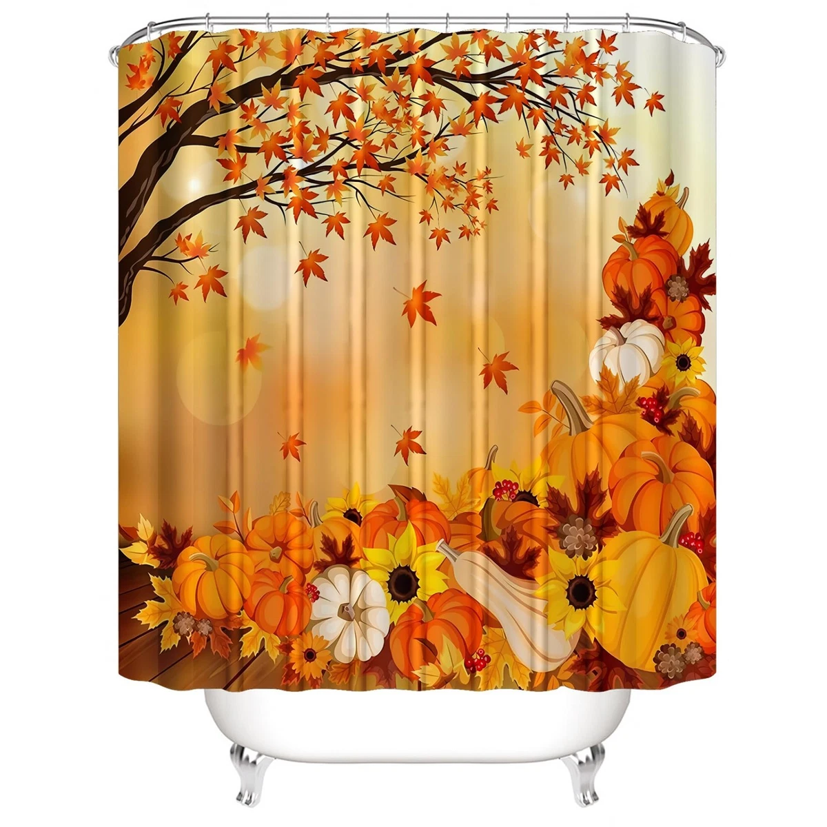 Autumn Pumpkin Shower Curtain Set 4Pcs with Non-Slip Rug & Toilet Lid Cover - Fa