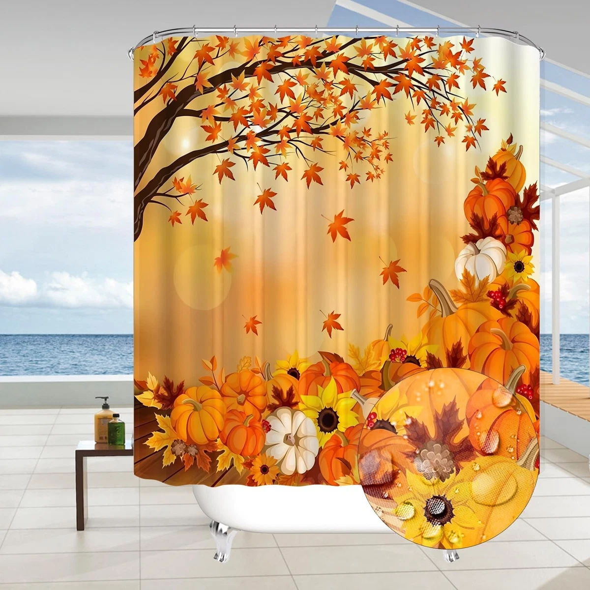 Autumn Pumpkin Shower Curtain Set 4Pcs with Non-Slip Rug & Toilet Lid Cover - Fa