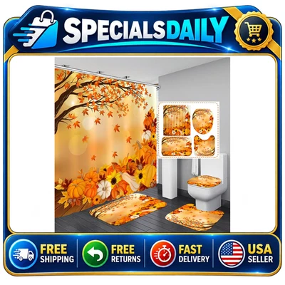 Autumn Pumpkin Shower Curtain Set 4Pcs with Non-Slip Rug & Toilet Lid Cover - Fa