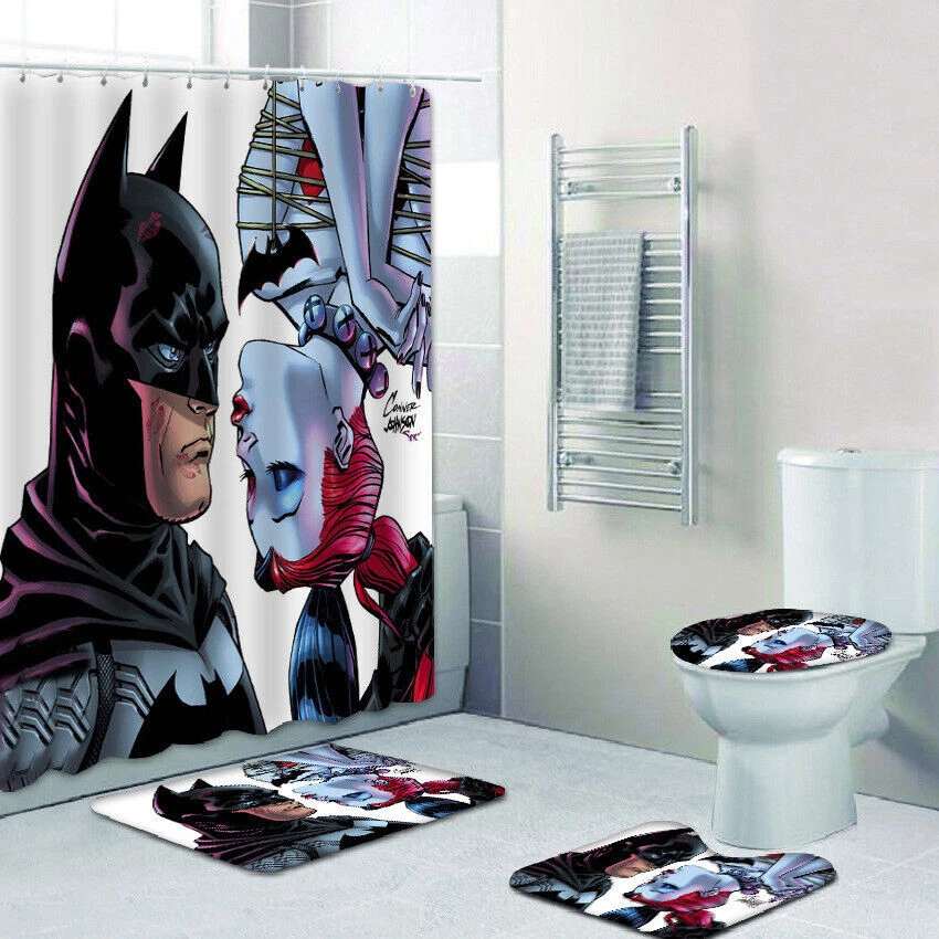 Batman Harley Quinn 4PCS Bathroom Rugs Shower Curtains Mat Toilet Lid Cover Sets