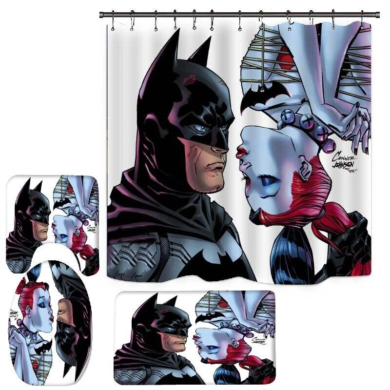Batman Harley Quinn 4PCS Bathroom Rugs Shower Curtains Mat Toilet Lid Cover Sets