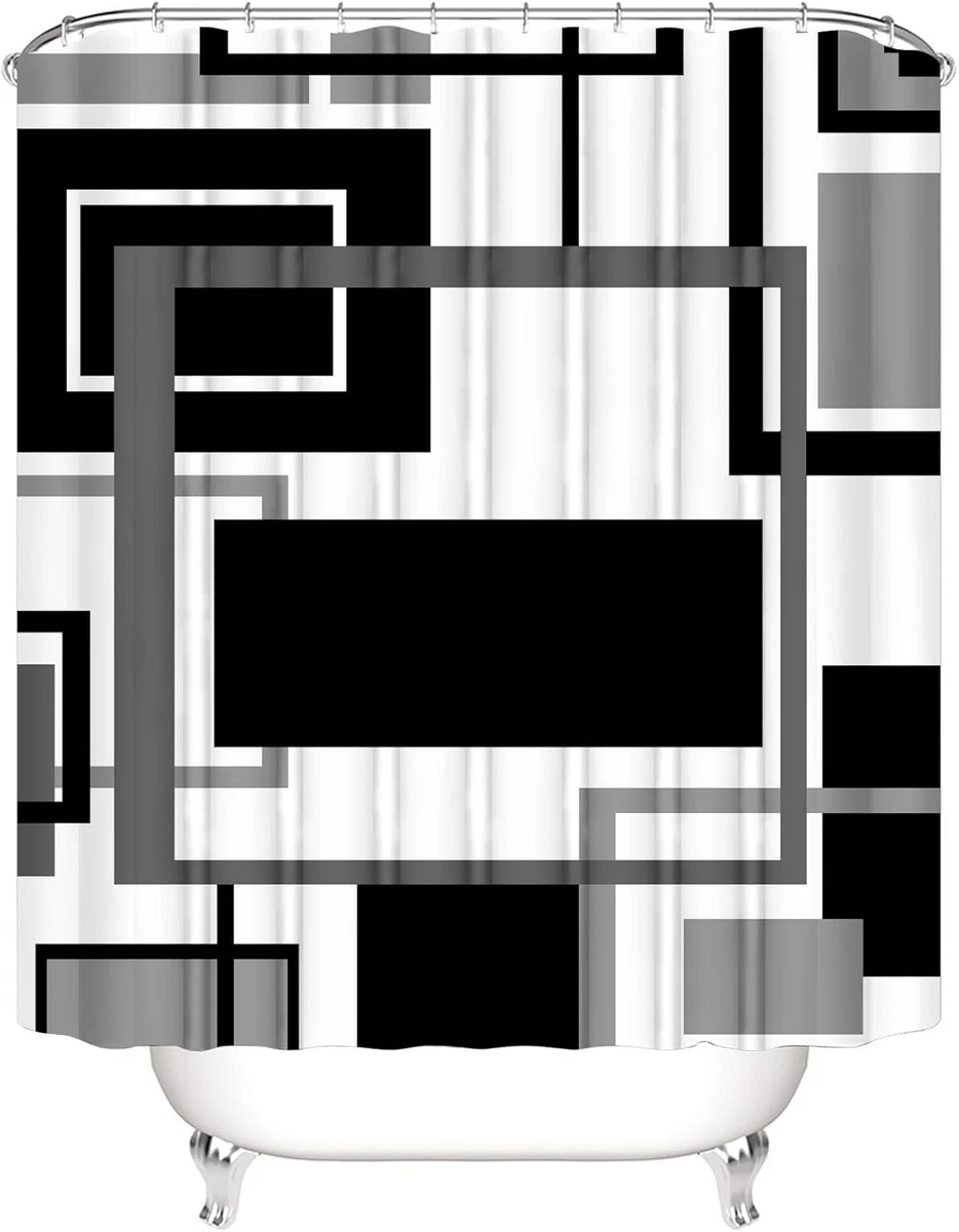Black Geometric Shower Curtain Set 4 Pcs with Rugs Toilet Lid Cover