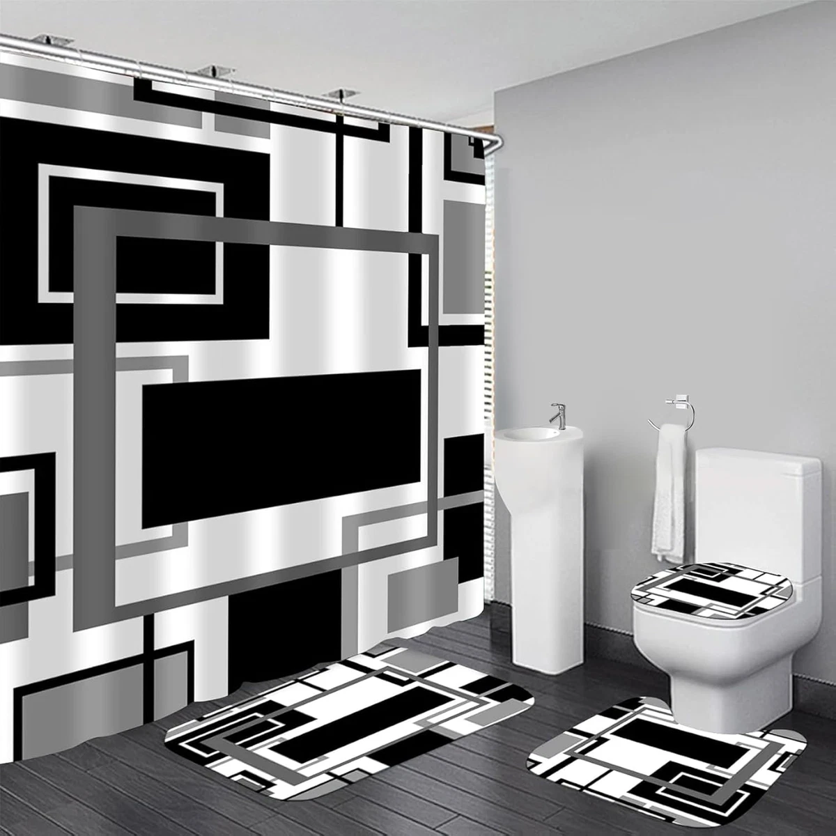 Black Geometric Shower Curtain Set 4 Pcs with Rugs Toilet Lid Cover