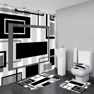 Black Geometric Shower Curtain Set 4 Pcs with Rugs Toilet Lid Cover