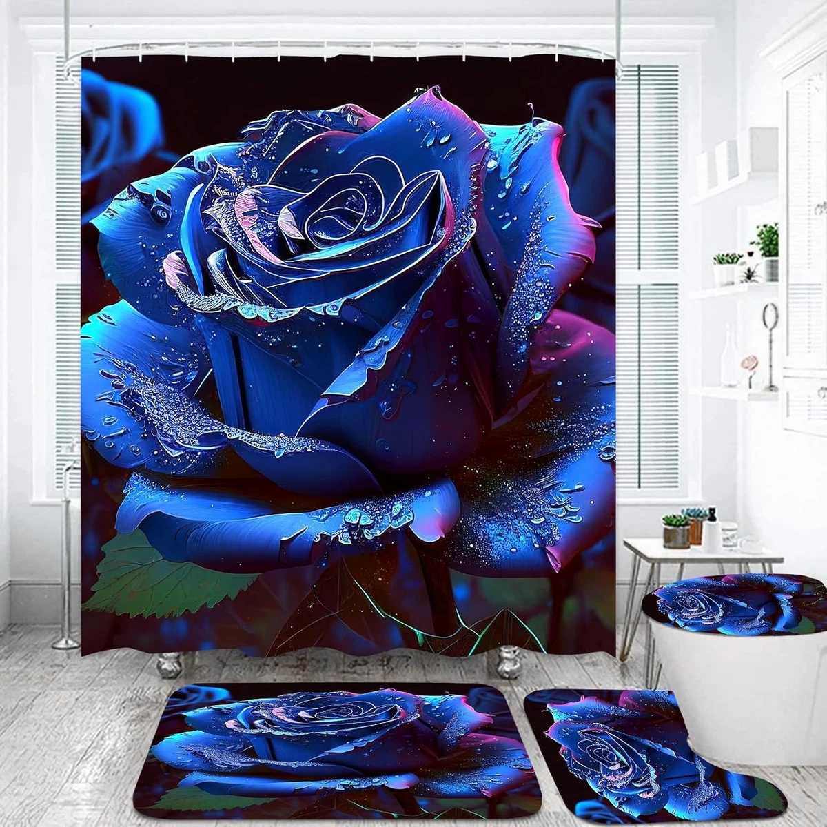 Blue Rose Shower Curtain Sets 4 Pcs,Non-SlipRugs Bath Mat Toilet Cover U Shap...