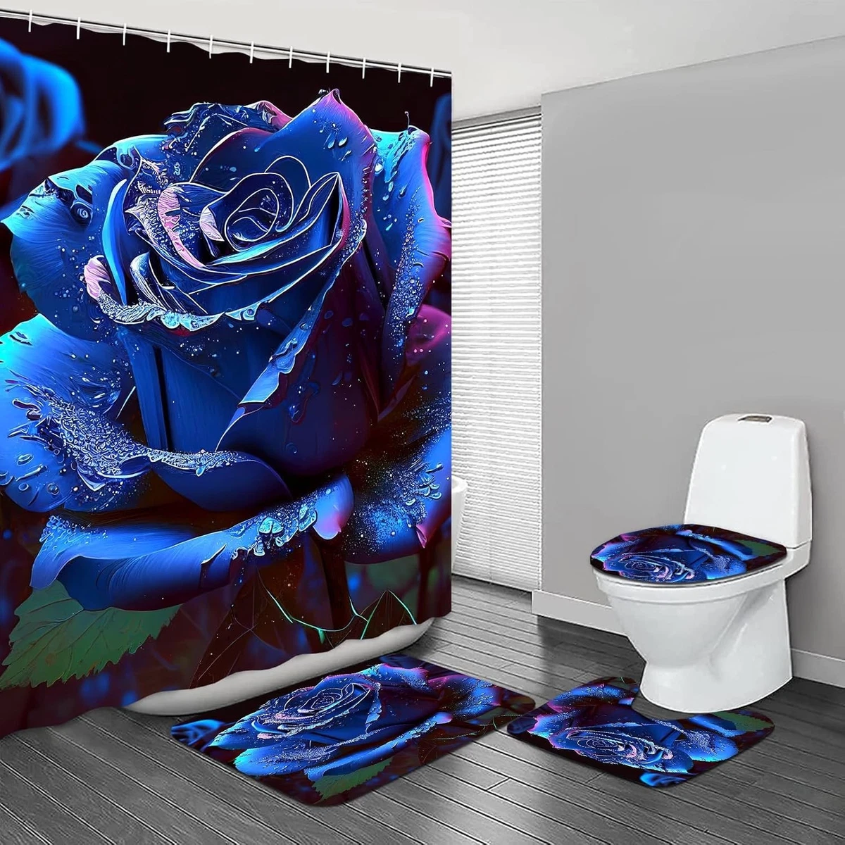 Blue Rose Shower Curtain Sets 4 Pcs,Non-SlipRugs Bath Mat Toilet Cover U Shap...