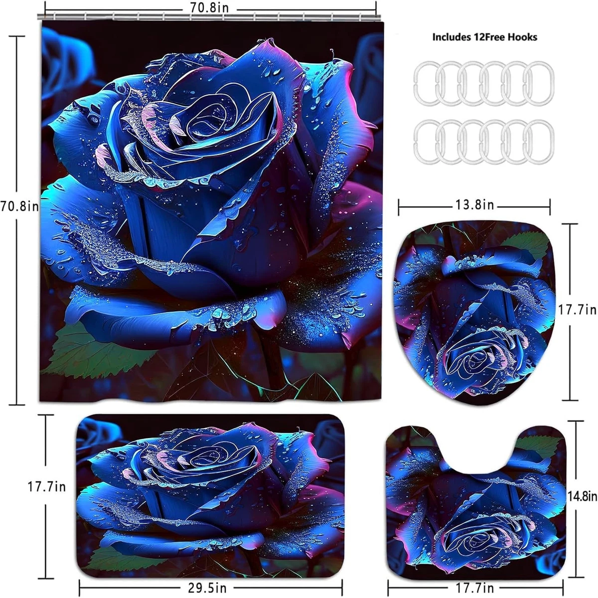 Blue Rose Shower Curtain Sets 4 Pcs,Non-SlipRugs Bath Mat Toilet Cover U Shap...