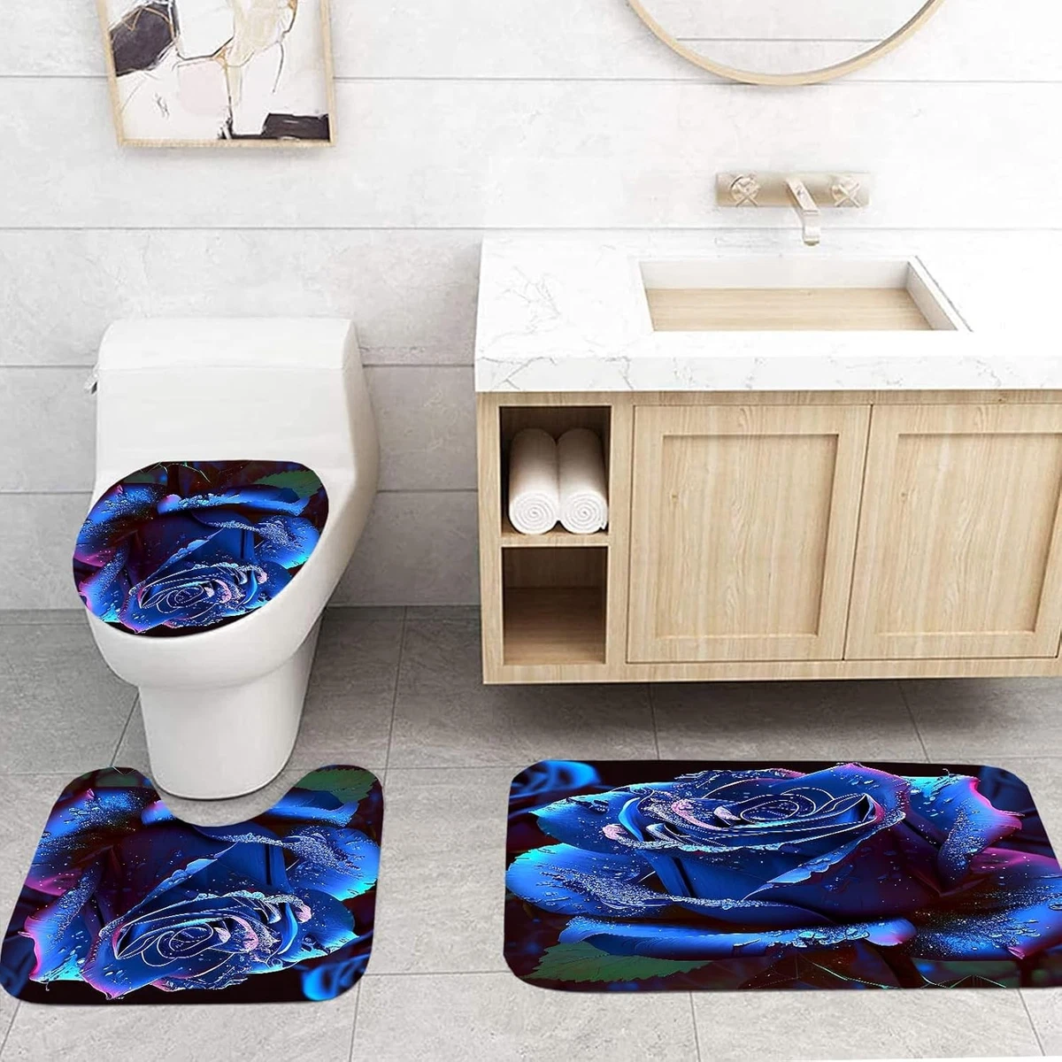 Blue Rose Shower Curtain Sets 4 Pcs,Non-SlipRugs Bath Mat Toilet Cover U Shap...