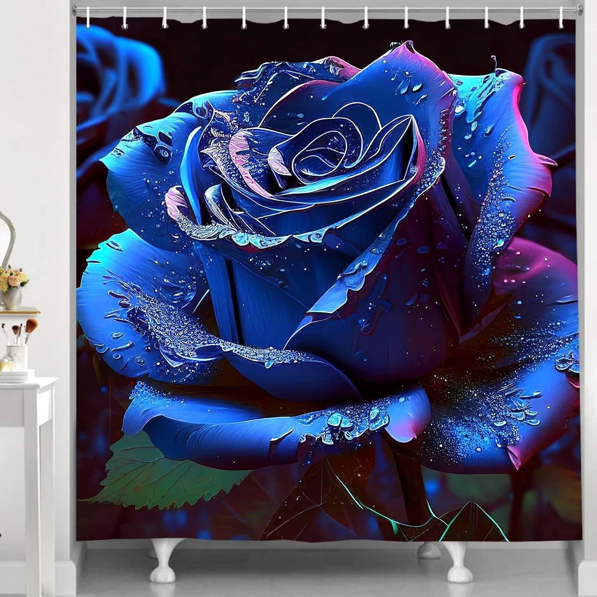Blue Rose Shower Curtain Sets 4 Pcs,Non-SlipRugs Bath Mat Toilet Cover U Shap...