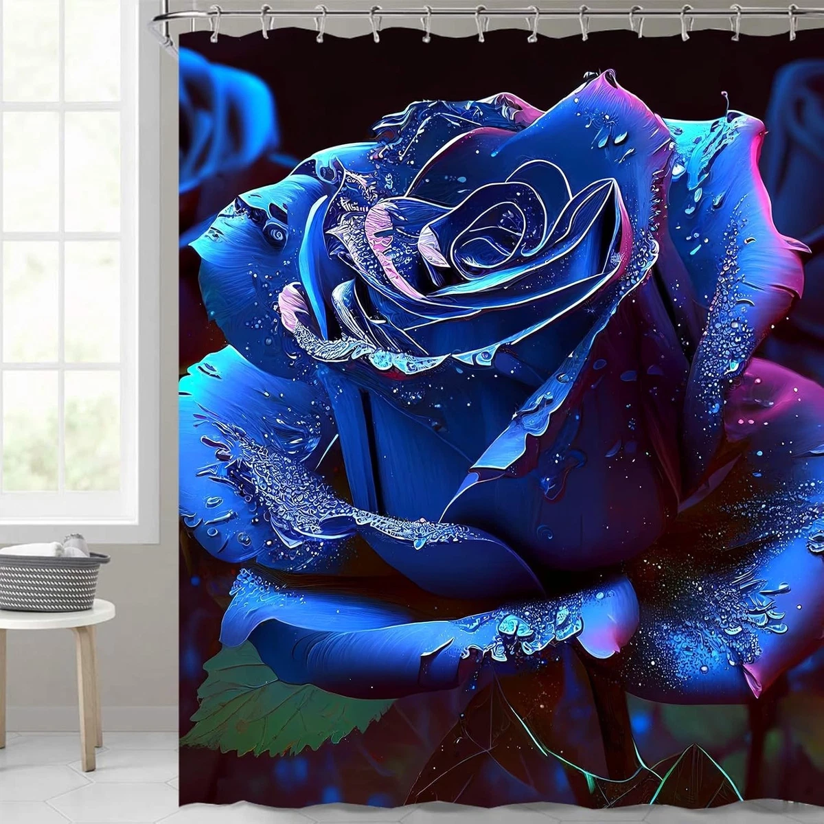 Blue Rose Shower Curtain Sets 4 Pcs,Non-SlipRugs Bath Mat Toilet Cover U Shap...