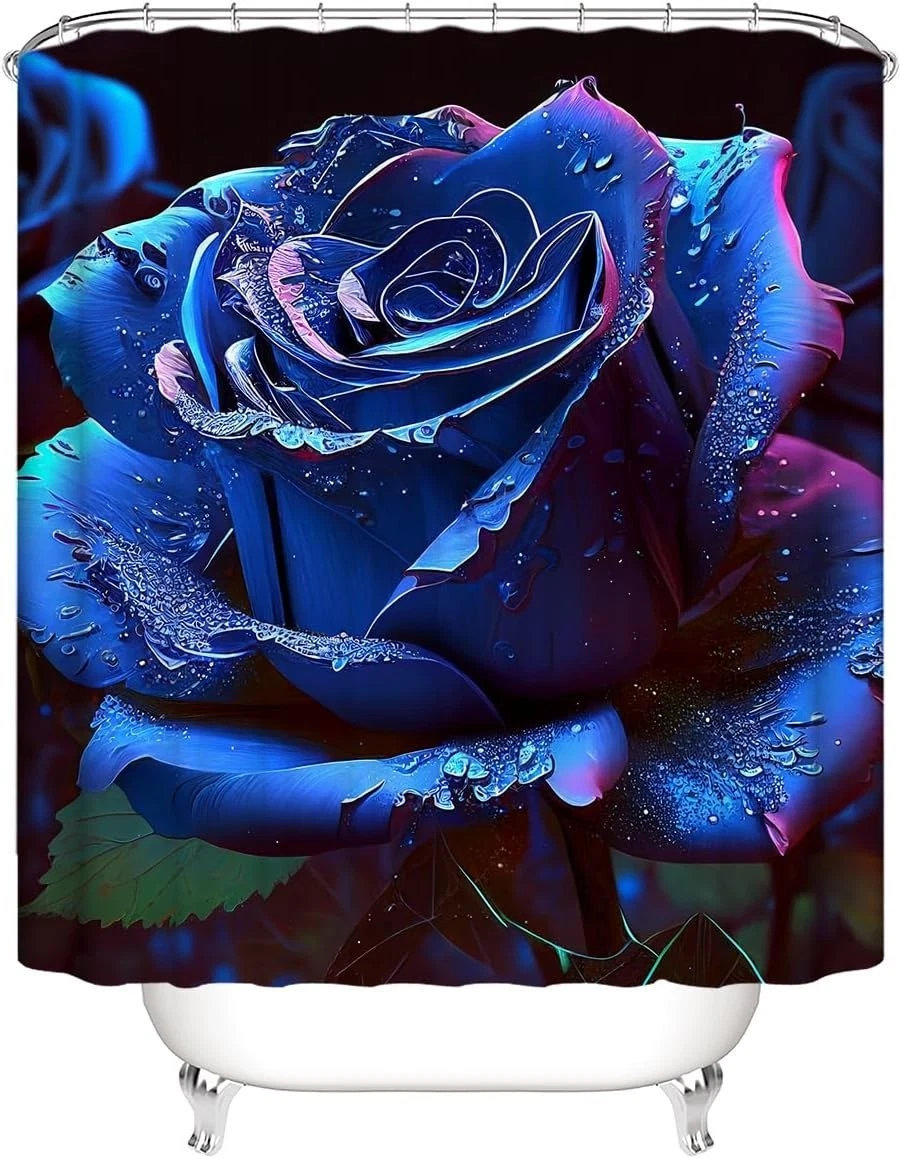 Blue Rose Shower Curtain Sets 4 Pcs,Non-SlipRugs Bath Mat Toilet Cover U Shap...