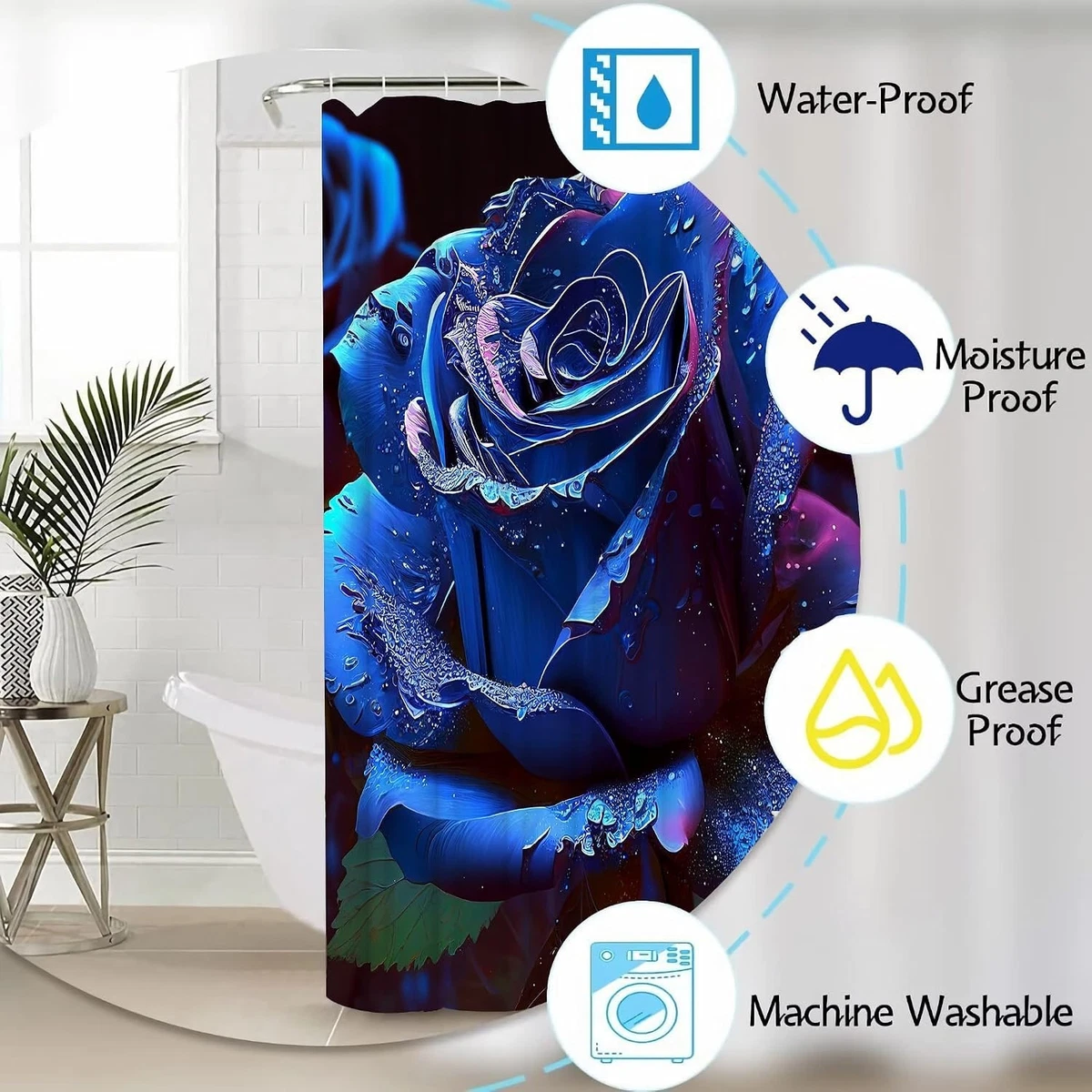 Blue Rose Shower Curtain Sets 4 Pcs,Non-SlipRugs Bath Mat Toilet Cover U Shap...