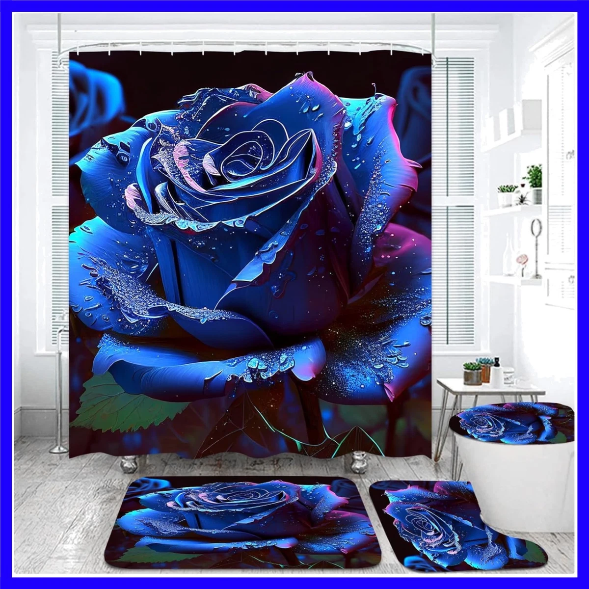 Blue Rose Shower Curtain Sets 4 Pcs,Non-SlipRugs Bath Mat Toilet Cover U Shap...