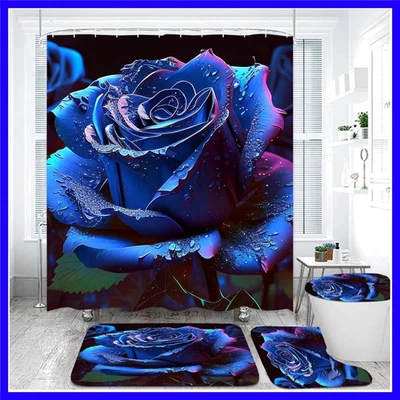 Blue Rose Shower Curtain Sets 4 Pcs,Non-SlipRugs Bath Mat Toilet Cover U Shap...