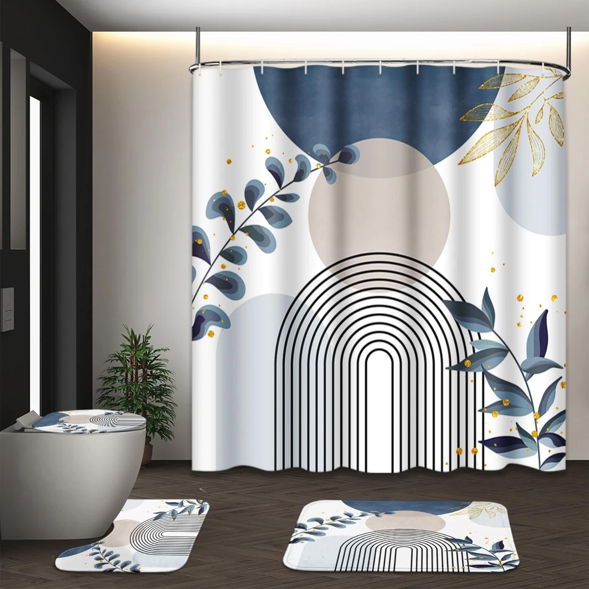 Boho Blue Mid Century Shower Curtain Set, 4 Pcs with Toilet Lid Cover & Rugs, Ab