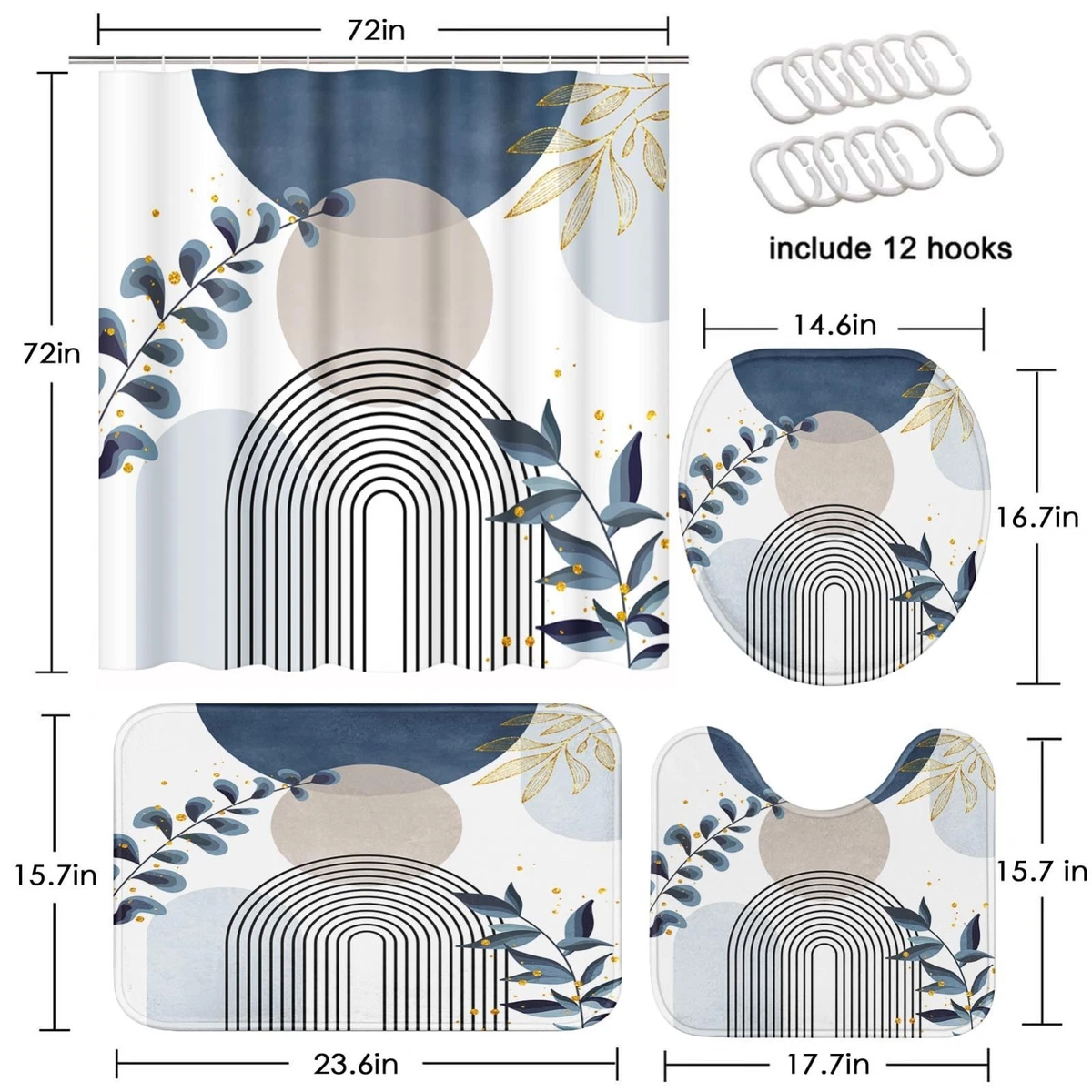 Boho Blue Mid Century Shower Curtain Set, 4 Pcs with Toilet Lid Cover & Rugs, Ab