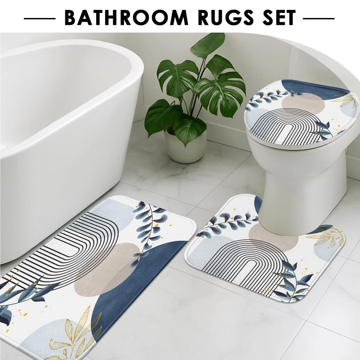 Boho Blue Mid Century Shower Curtain Set, 4 Pcs with Toilet Lid Cover & Rugs, Ab