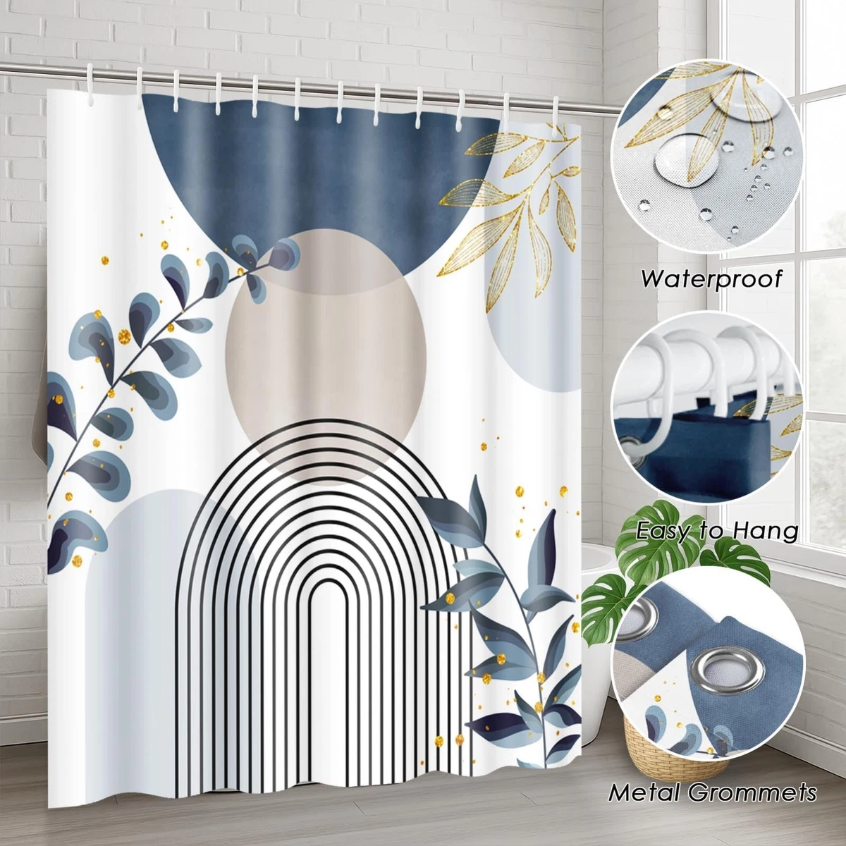 Boho Blue Mid Century Shower Curtain Set, 4 Pcs with Toilet Lid Cover & Rugs, Ab
