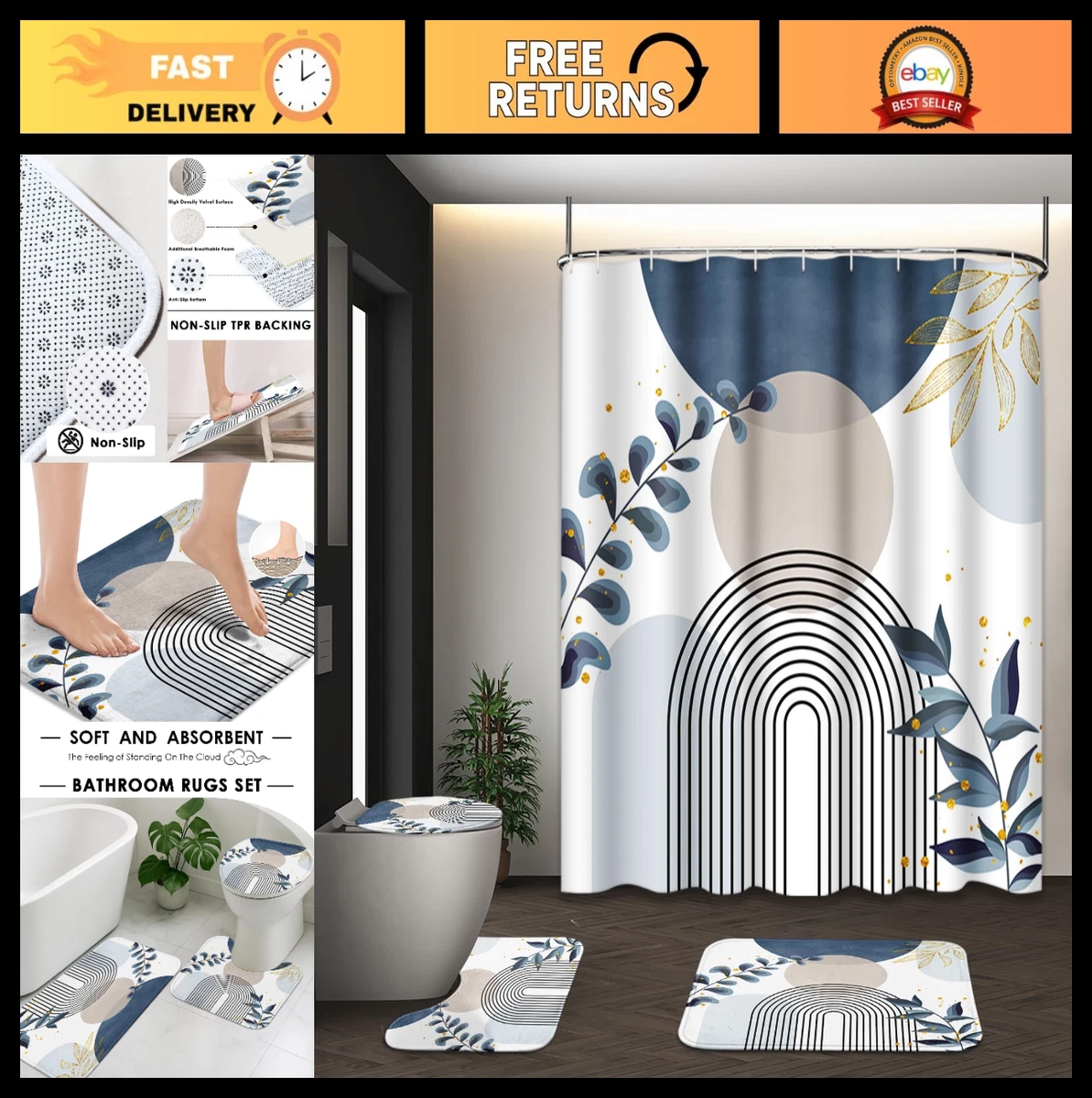 Boho Blue Mid Century Shower Curtain Set, 4 Pcs with Toilet Lid Cover & Rugs, Ab