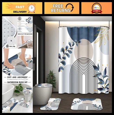 Boho Blue Mid Century Shower Curtain Set, 4 Pcs with Toilet Lid Cover & Rugs, Ab