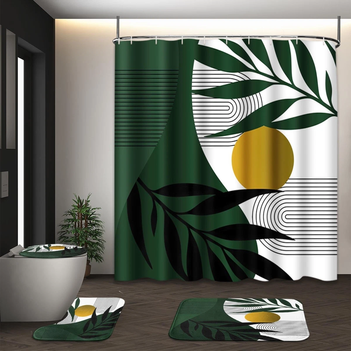 Boho Olive Green Gold Shower Curtain Set, 4 Pcs with Toilet Lid Cover & Rugs, Mo