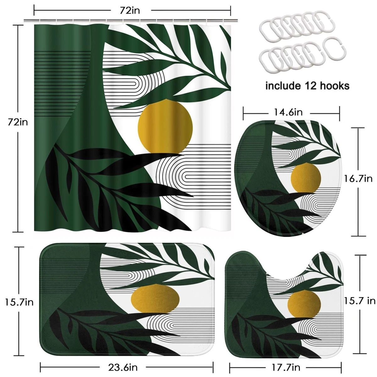 Boho Olive Green Gold Shower Curtain Set, 4 Pcs with Toilet Lid Cover & Rugs, Mo