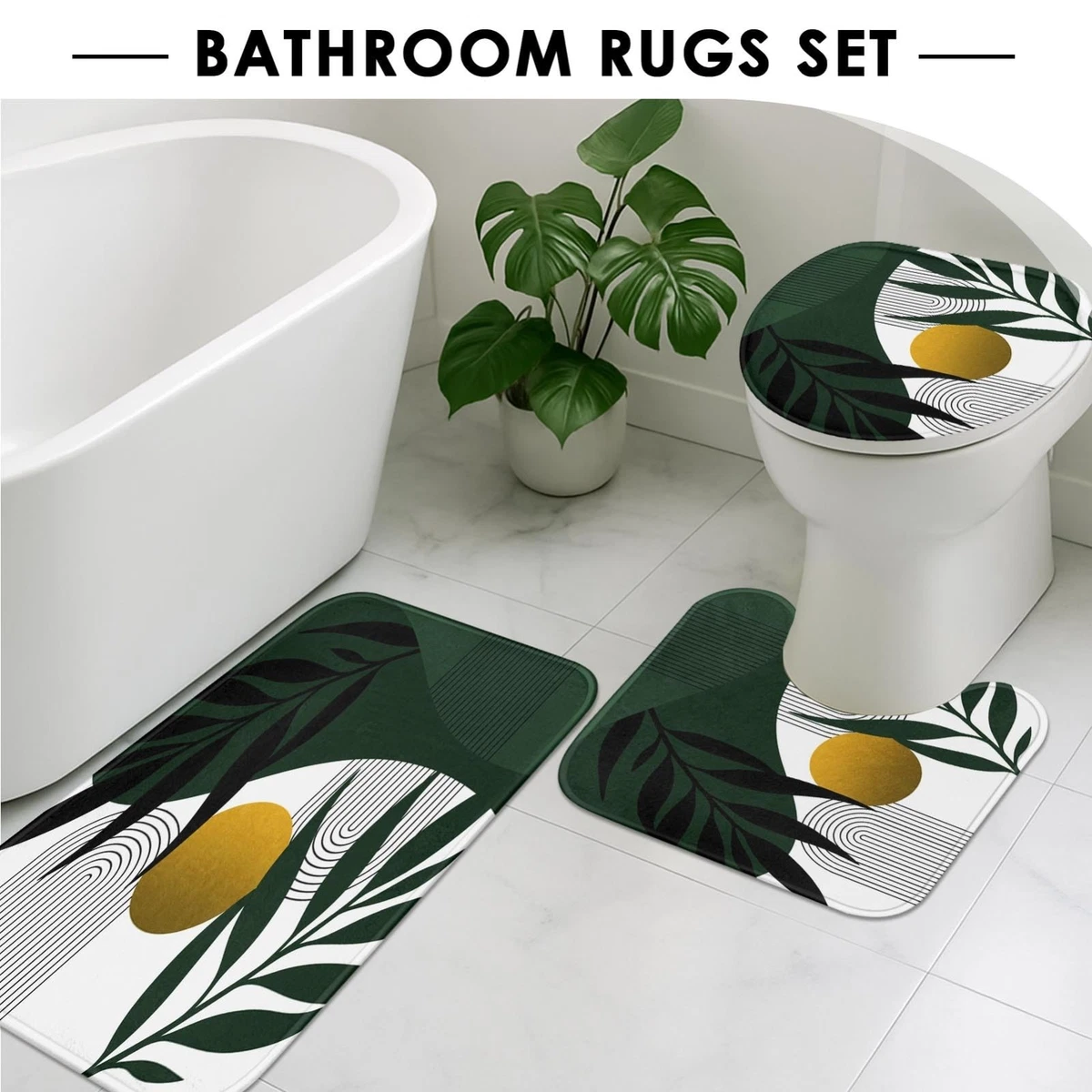 Boho Olive Green Gold Shower Curtain Set, 4 Pcs with Toilet Lid Cover & Rugs, Mo