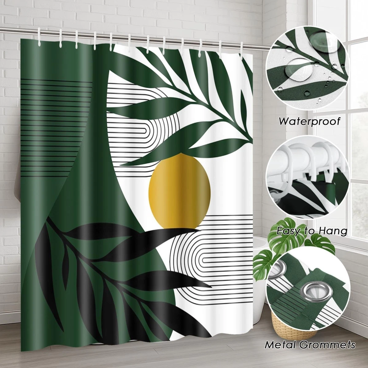Boho Olive Green Gold Shower Curtain Set, 4 Pcs with Toilet Lid Cover & Rugs, Mo