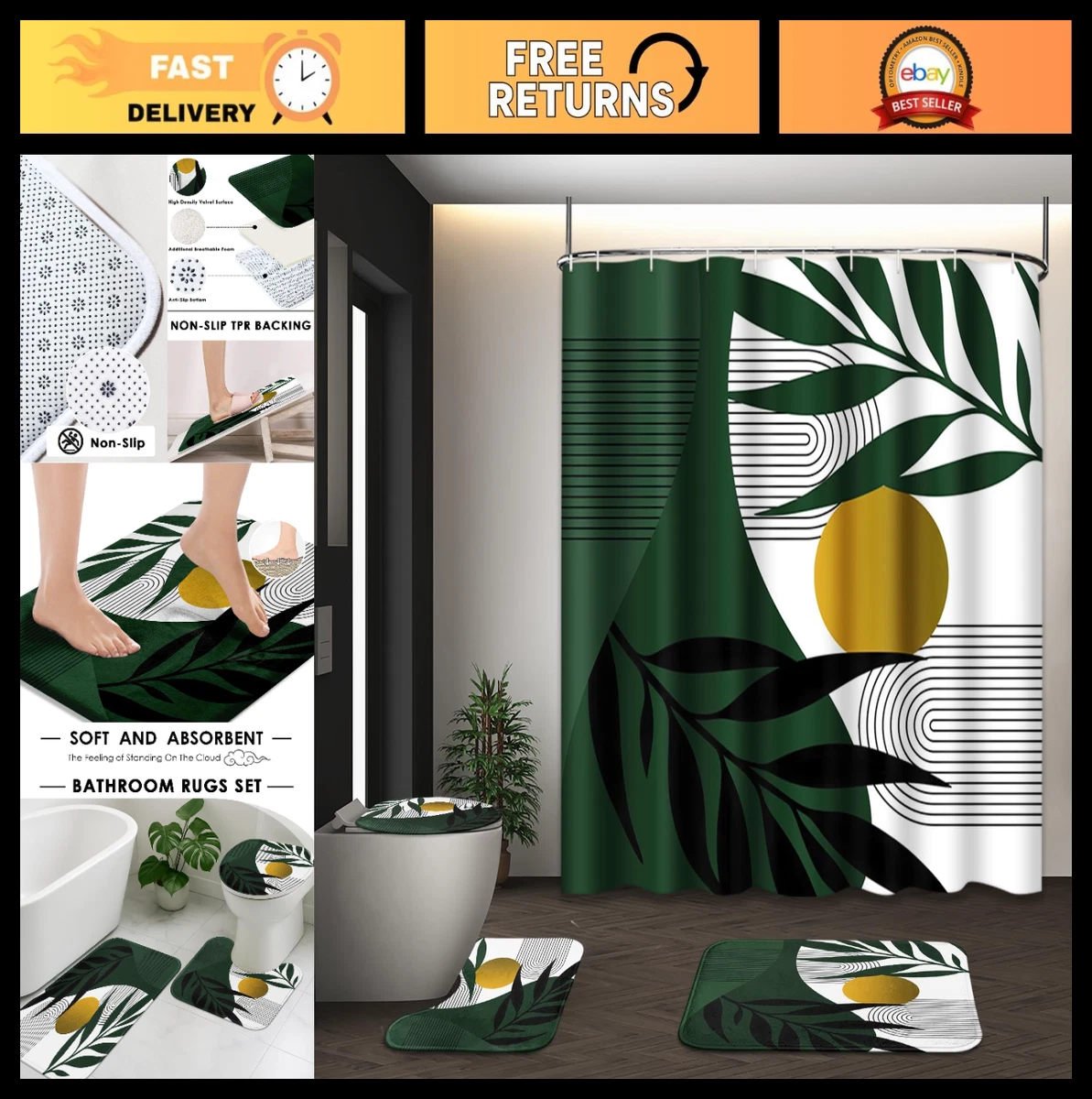 Boho Olive Green Gold Shower Curtain Set, 4 Pcs with Toilet Lid Cover & Rugs, Mo