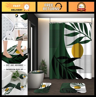 Boho Olive Green Gold Shower Curtain Set, 4 Pcs with Toilet Lid Cover & Rugs, Mo