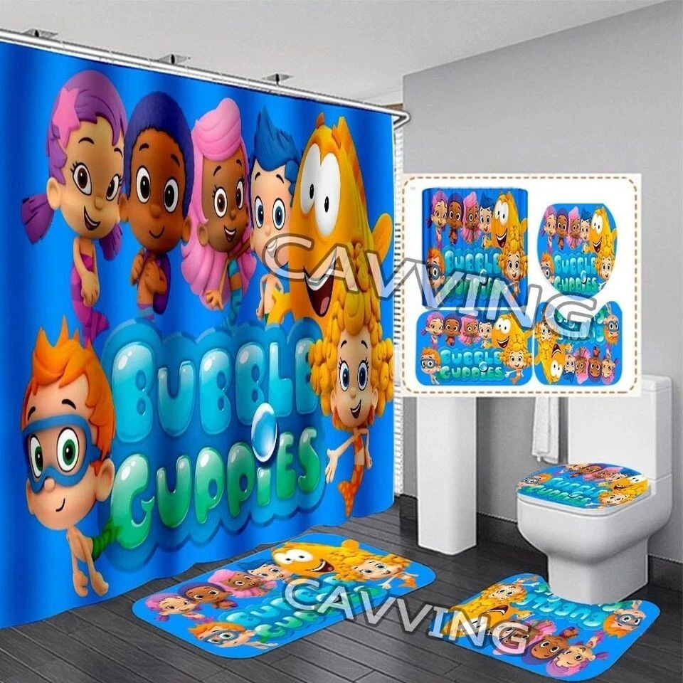 Bubble Guppies Shower Curtain /4PCS Set /Non-Slip Rug+Bath Mat+Toilet Lid Cover